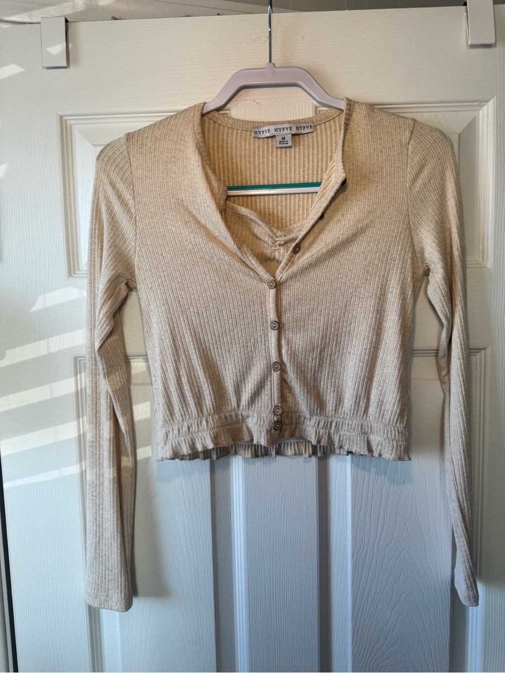 HYFVE Neutral Beige Ribbed Cropped Button-Up Long Sleeve Top